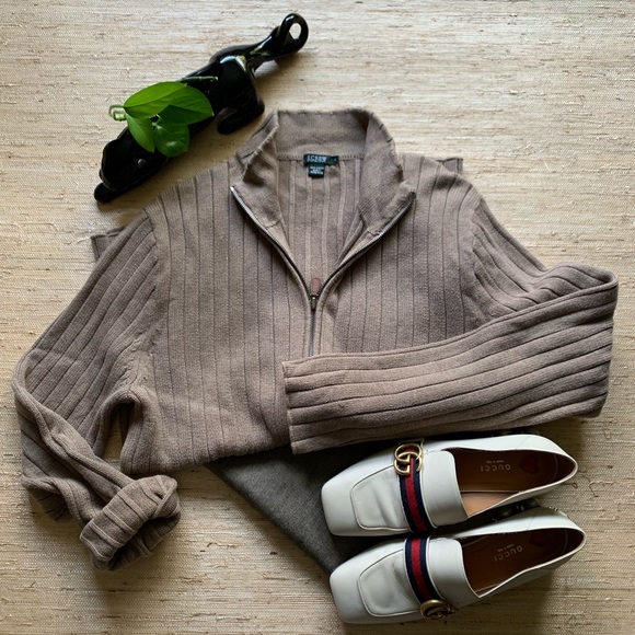 J.Crew Taupe Cotton Mock Neck Zip Front Cardigan - Picture 1 of 6